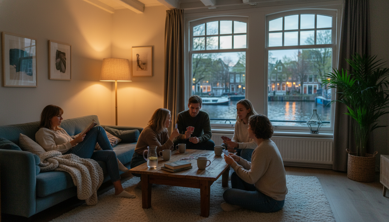cozy living room scene in a Amsterdam canal house, friends playing cards at a coffee table, one pers