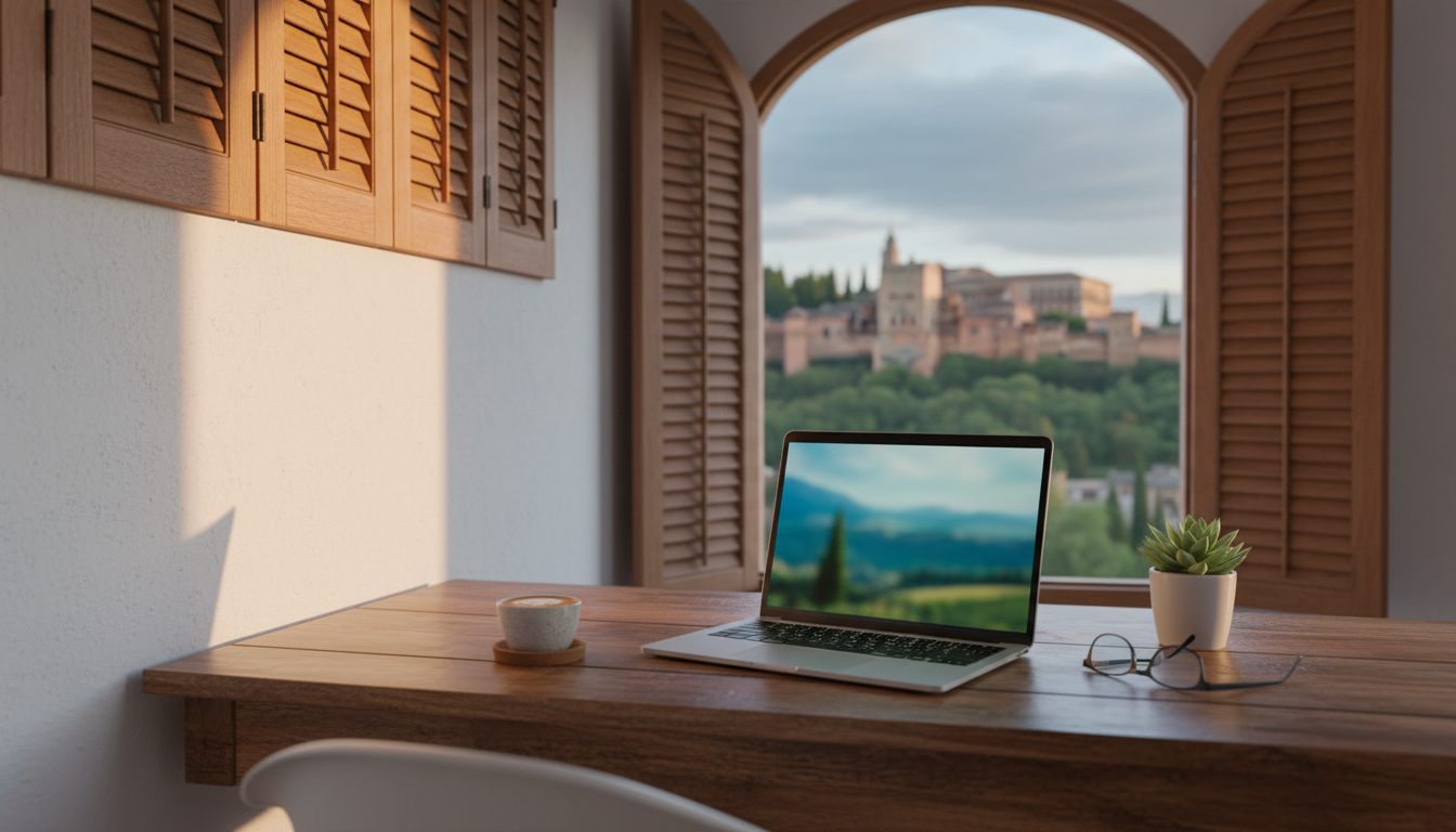 Morning light streaming through wooden shutters into a bright home office space with views of the Al