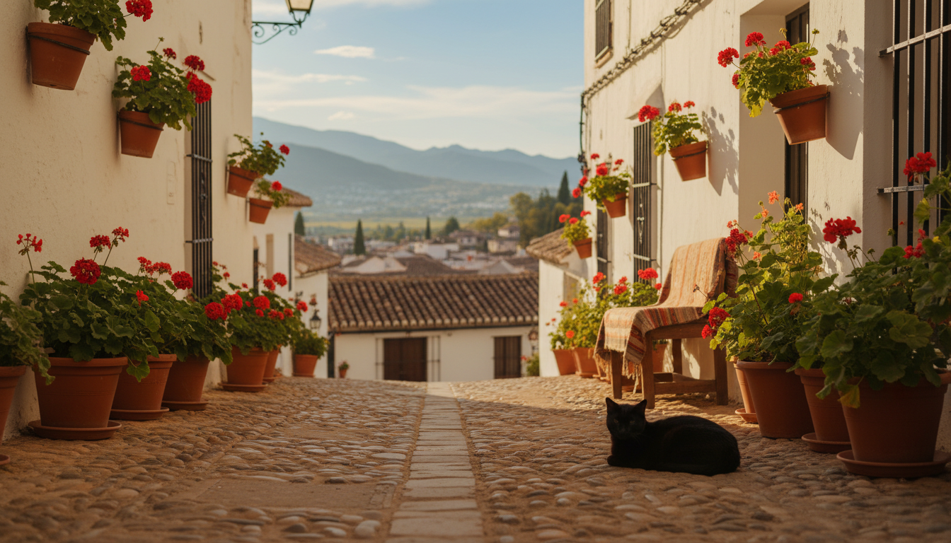Narrow whitewashed alley in Albaicn with potted geraniums, a black cat lounging on warm cobblestones