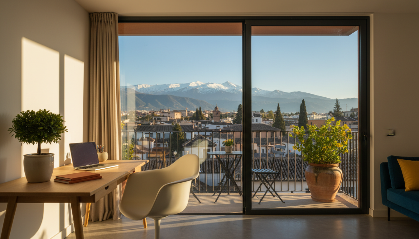 Modern apartment interior in Granada with a minimalist workspace, ergonomic chair, large window with