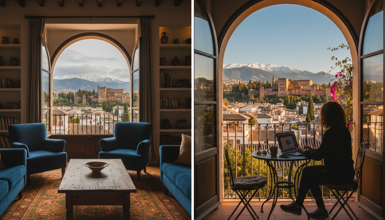 Split-screen comparison showing a cozy Granada apartment interior on one side and the same view with