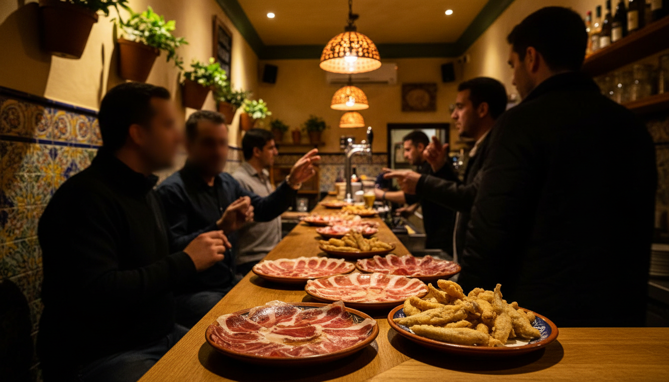 Evening tapas scene at a traditional Granada bar, small plates of jamn and fried fish on a wooden co
