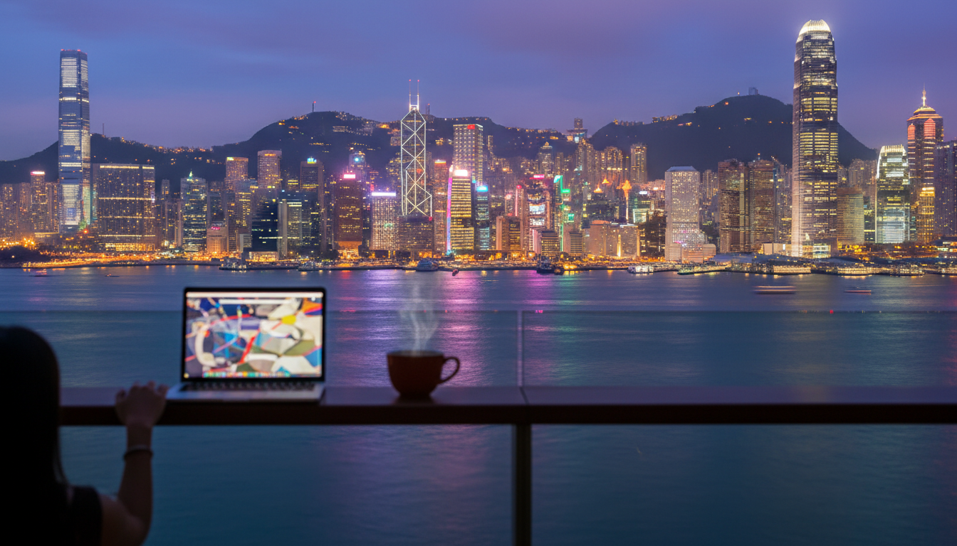 Panoramic view of Hong Kongs Victoria Harbour at dusk, with the glittering skyline of Central reflec
