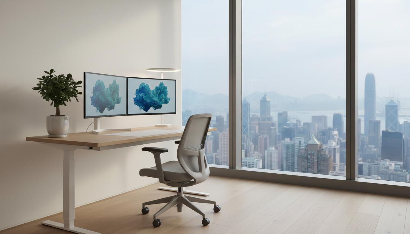 Modern home office setup in a Hong Kong apartment with floor-to-ceiling windows overlooking the city