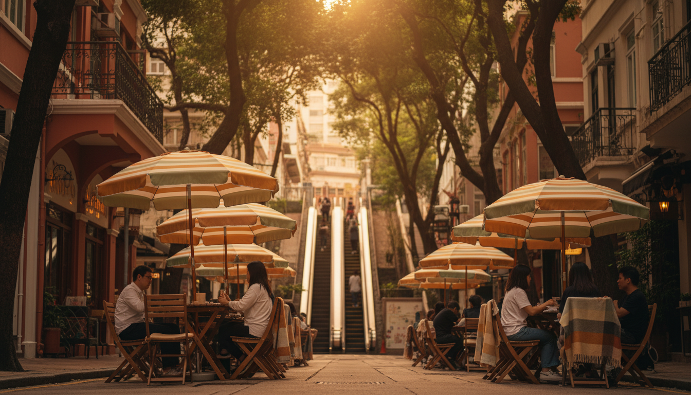 Tree-lined street in Hong Kongs Mid-Levels neighborhood with traditional tong lau buildings, outdoor