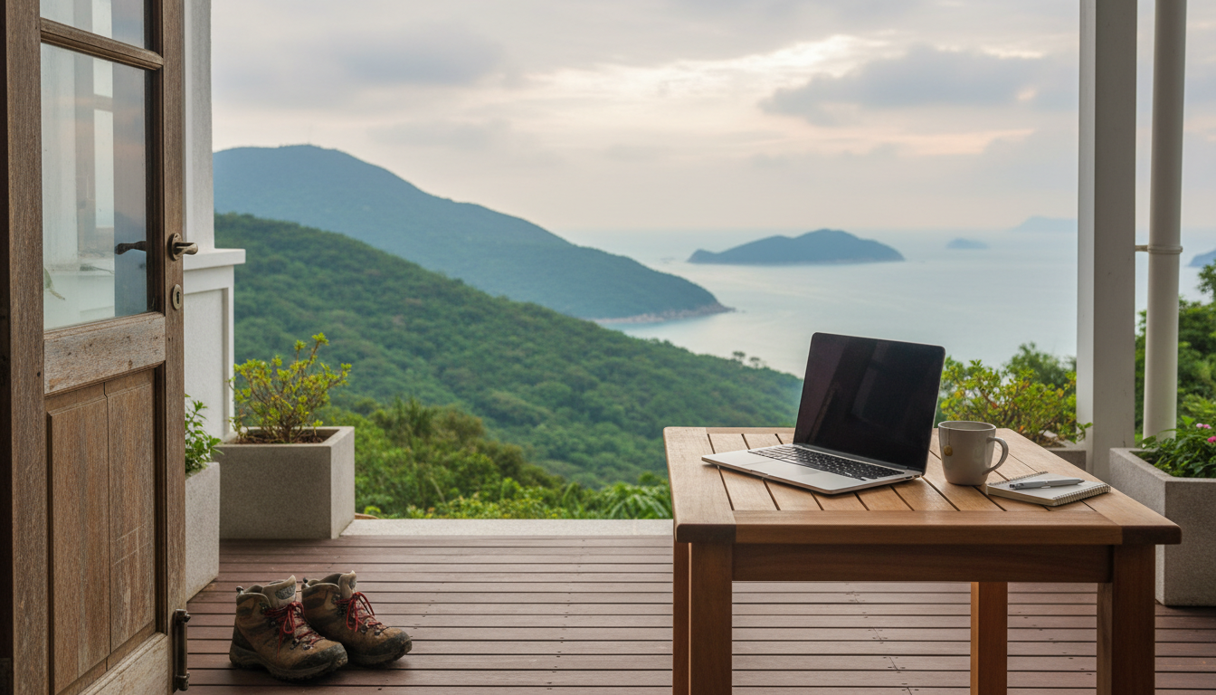 Wooden deck of a village house in Sai Kung overlooking the sea, with hiking shoes by the door, a lap