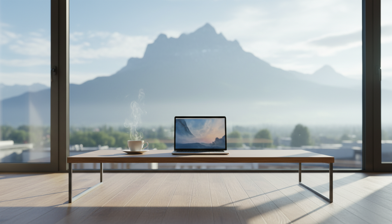 Morning light streaming through a modern Lucerne apartment window with a laptop open on a wooden des