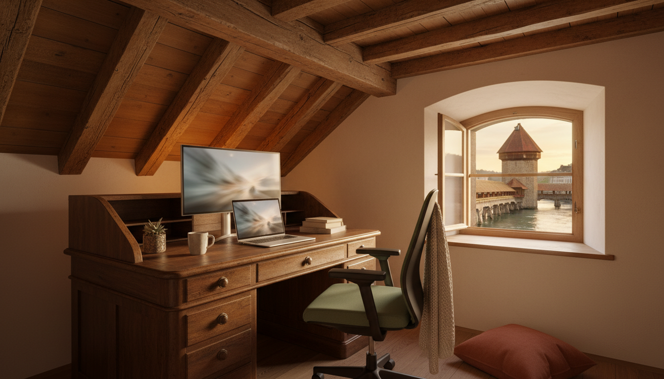 Cozy home office nook in a renovated Lucerne old town apartment, exposed wooden beams overhead, mode