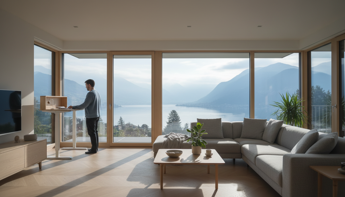 Spacious living room in a Wrzenbach apartment with floor-to-ceiling windows overlooking Lake Lucerne