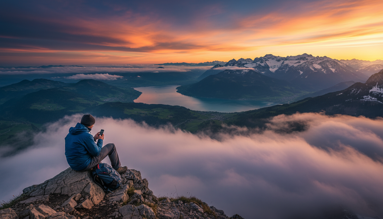 View from Mount Pilatus summit looking down at Lake Lucerne far below, dramatic clouds at eye level,