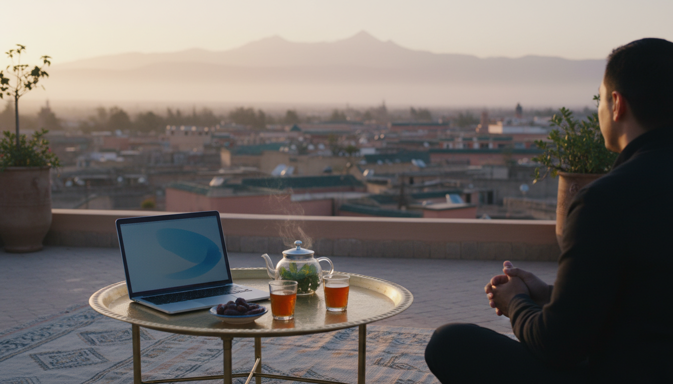 sunrise view from a traditional riad rooftop terrace in Marrakech medina, laptop open on a brass tra