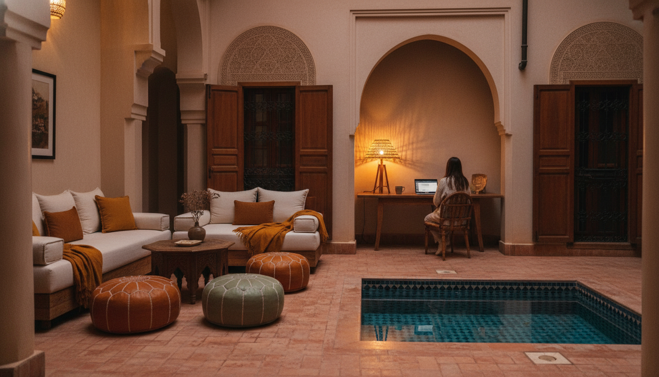 interior of a renovated riad courtyard with a small plunge pool, comfortable seating area with Moroc