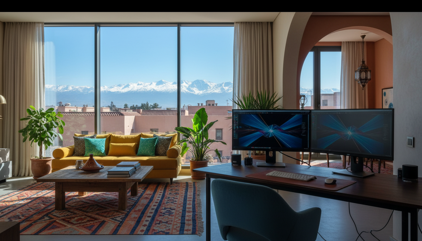 modern apartment interior in Guliz with floor-to-ceiling windows showing Atlas Mountain views, minim