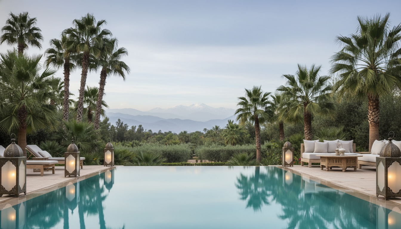 luxurious Palmeraie villa exterior with a turquoise pool surrounded by palm trees, traditional Moroc