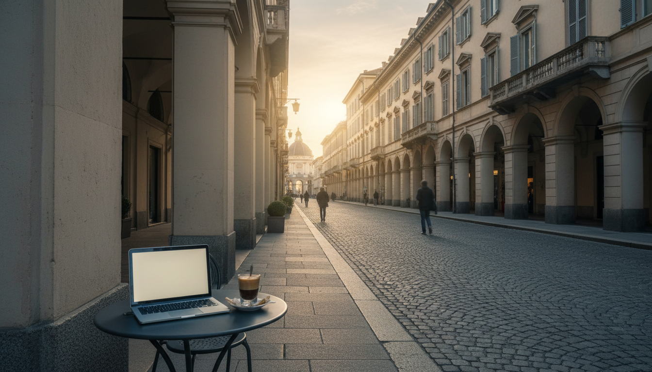 Morning light streaming through the porticoes of Via Po in Turin, with a laptop and bicerin on a caf