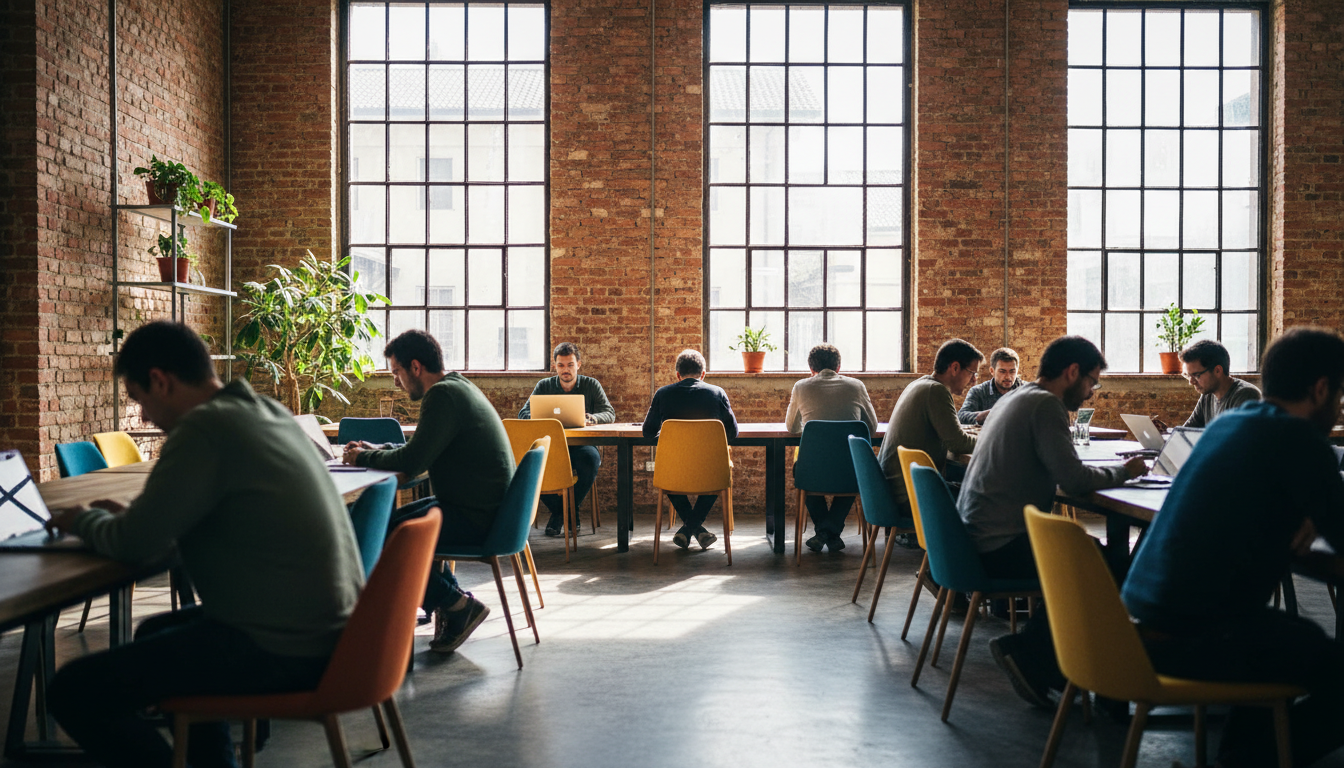 Interior of Toolbox Coworking in Turin, showing exposed brick walls, modern furniture, and professio
