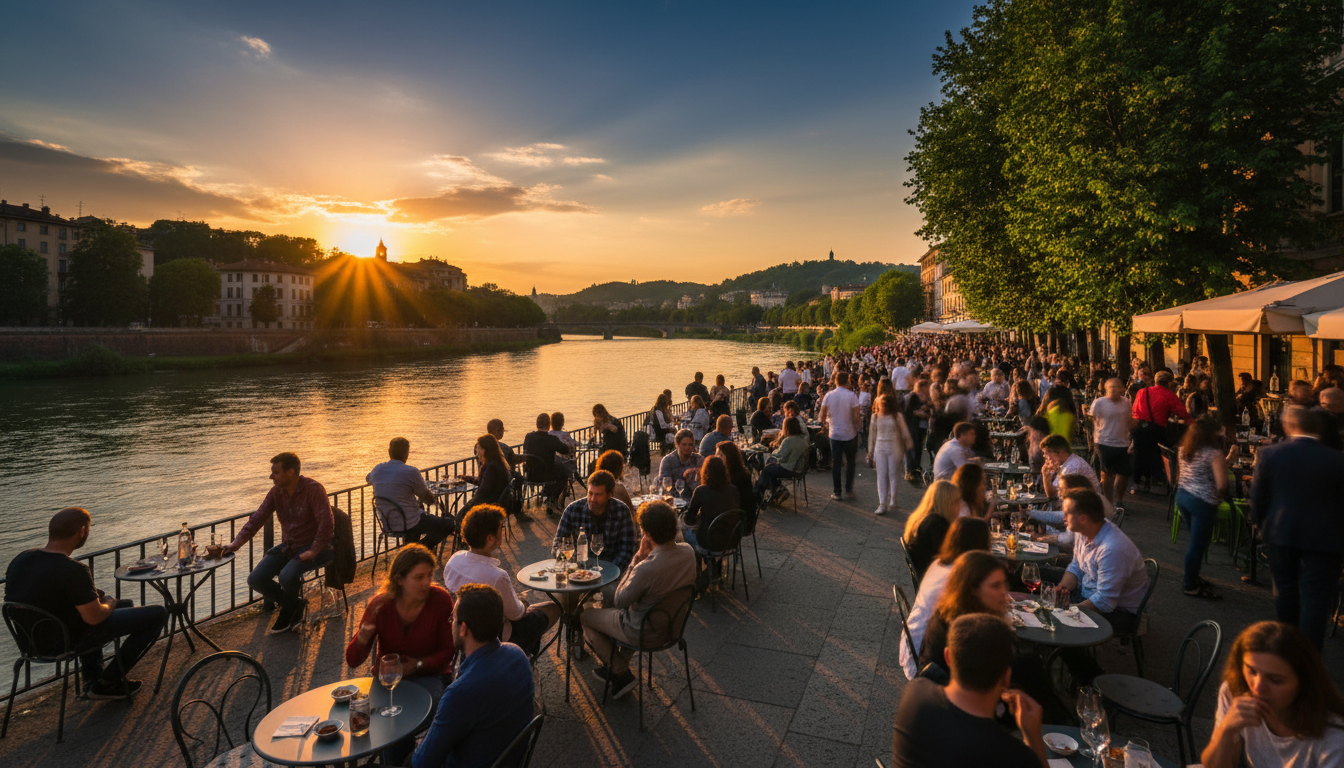 Evening aperitivo scene along the Murazzi riverside in Vanchiglia, with people gathered at outdoor t