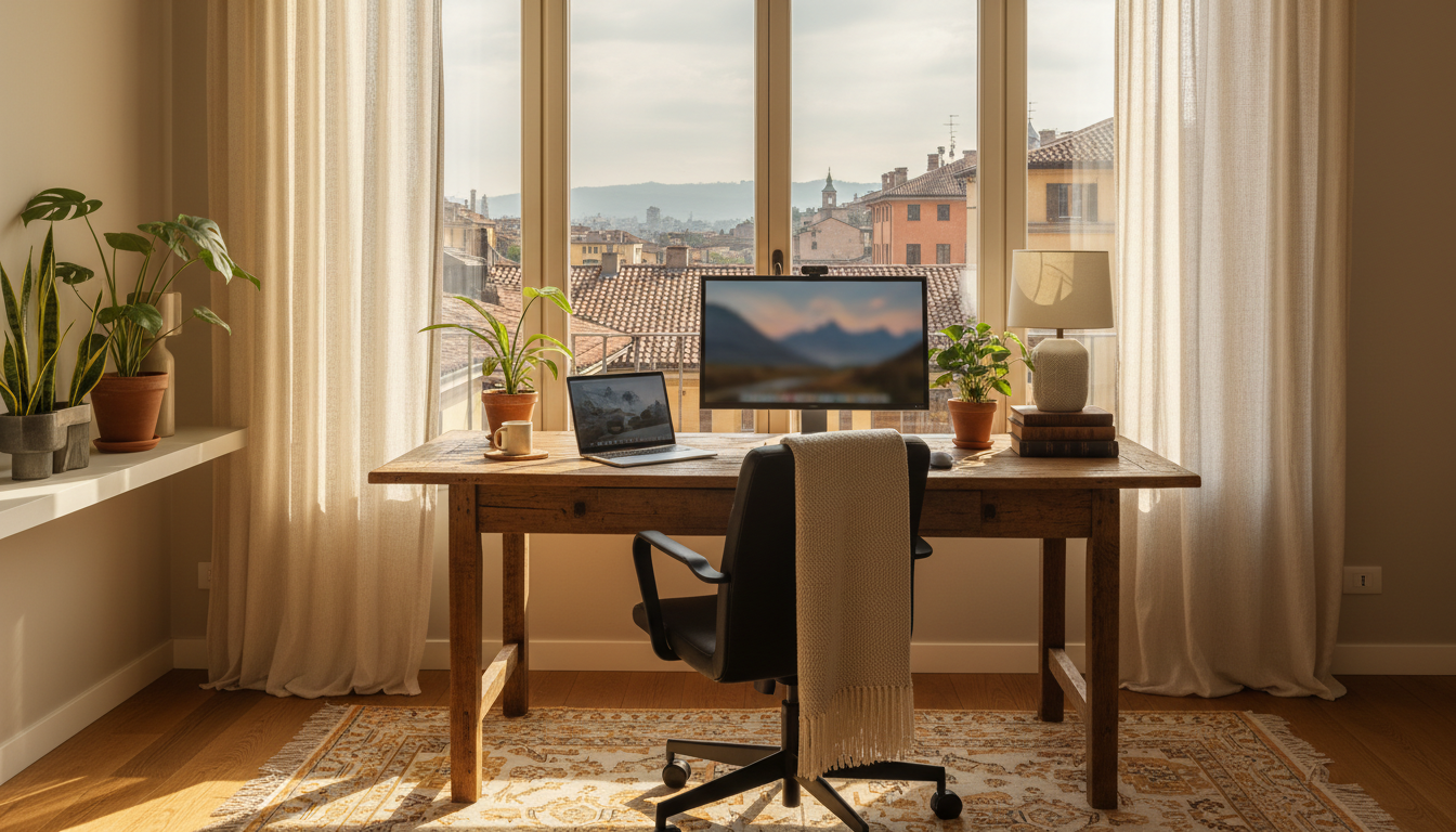 Well-lit home office setup in a Turin apartment, featuring a wooden desk by a large window overlooki