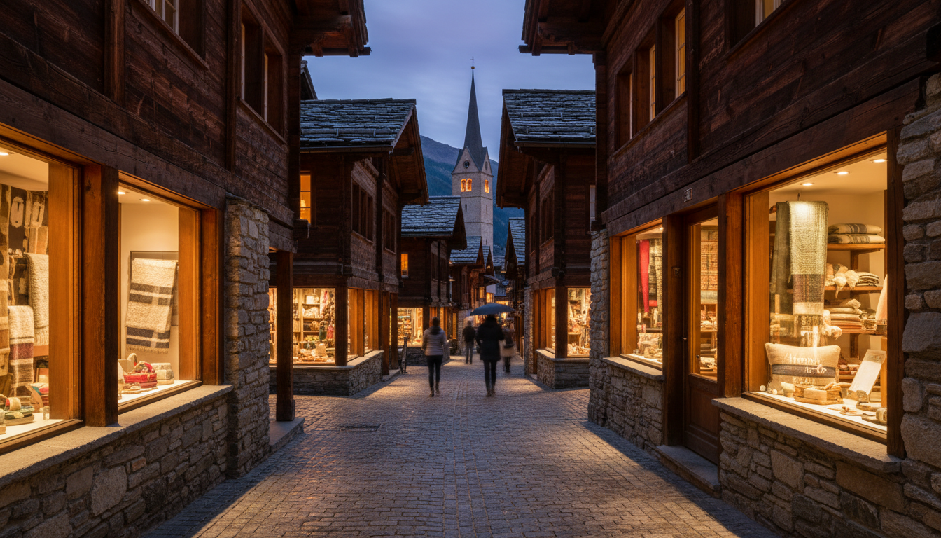 Narrow cobblestone street in Zermatt village center at dusk, warm light glowing from wooden chalet w