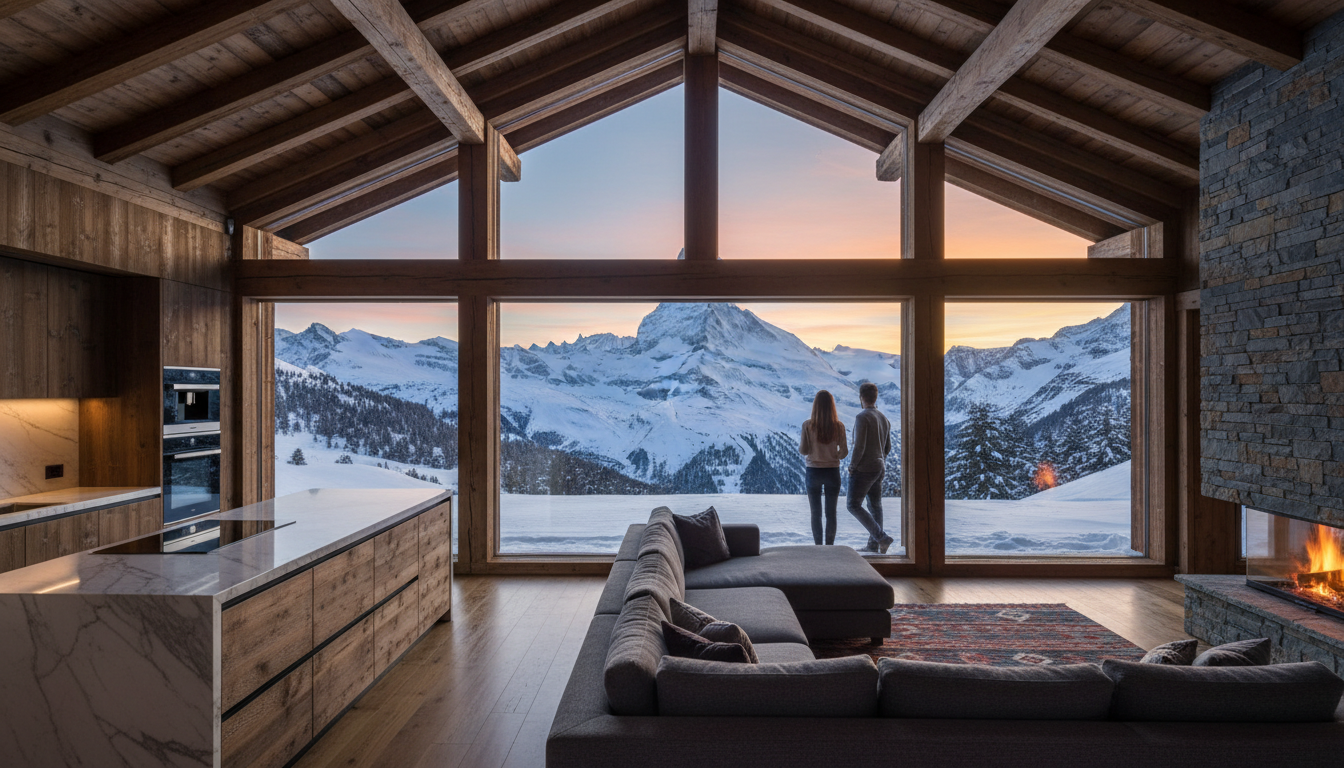Expansive wooden chalet living room with vaulted ceiling and exposed beams, large sectional sofa fac