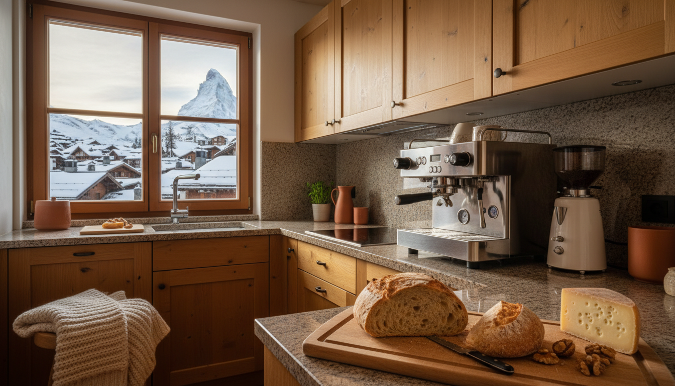 Compact but well-equipped modern kitchen in a Swiss chalet, wooden cabinets, professional espresso m