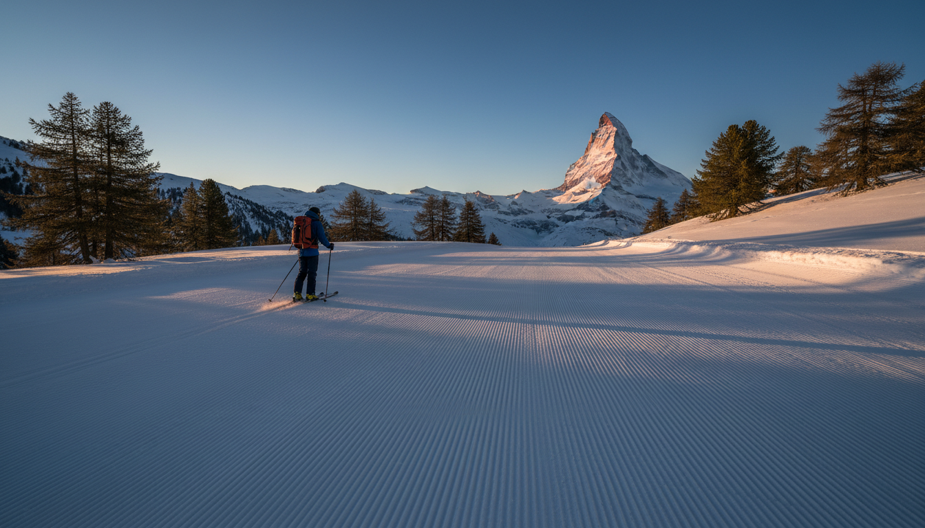 Solo skier on empty groomed run in early morning light, long shadows stretching across pristine snow