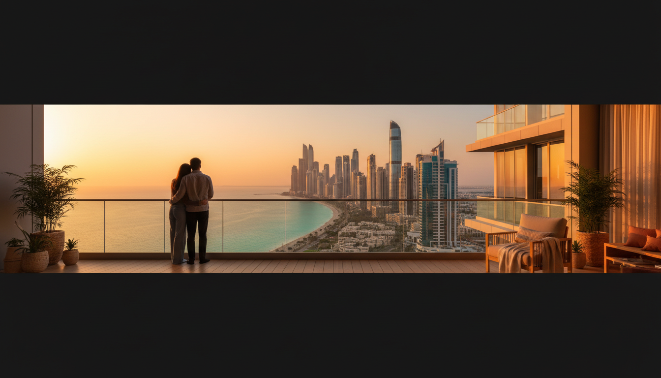 panoramic view from a high-rise Abu Dhabi apartment at golden hour, showing the curved Corniche coas