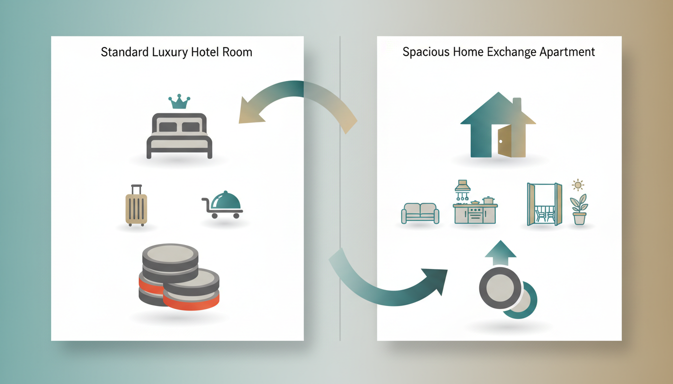 split-screen comparison showing a standard luxury hotel room interior on one side and a spacious hom