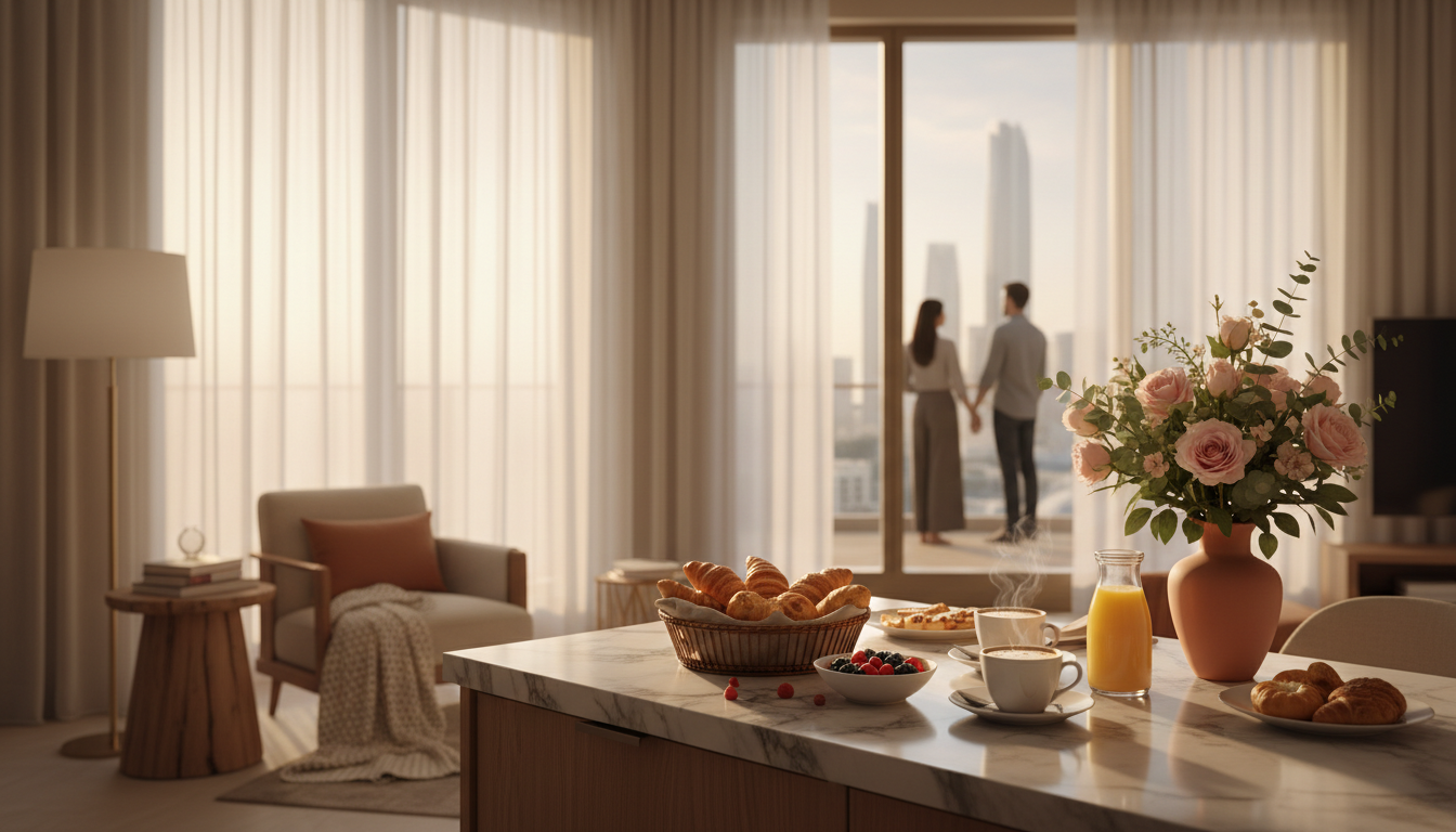 cozy interior of an Abu Dhabi apartment styled for romance, with a breakfast spread on a marble kitc