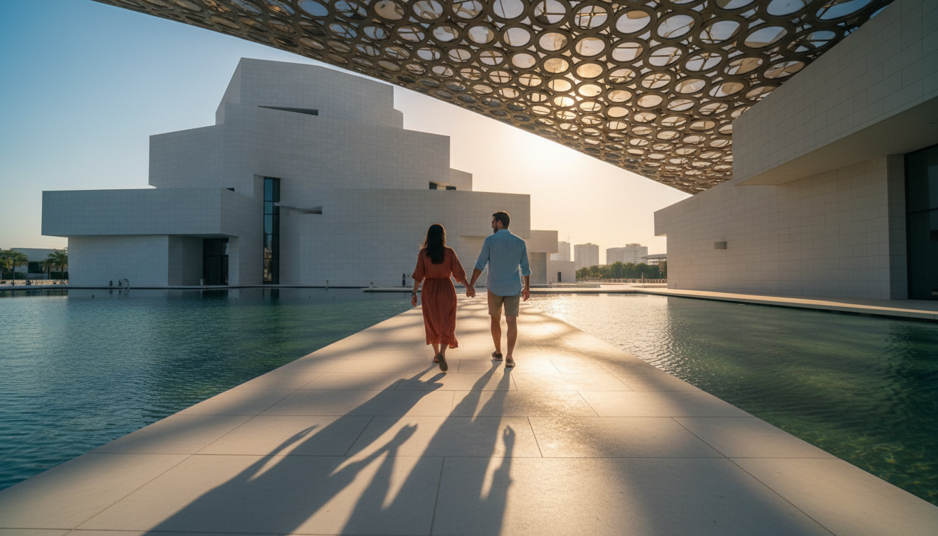 couple walking hand-in-hand through the geometric shadows cast by the Louvre Abu Dhabis iconic dome,