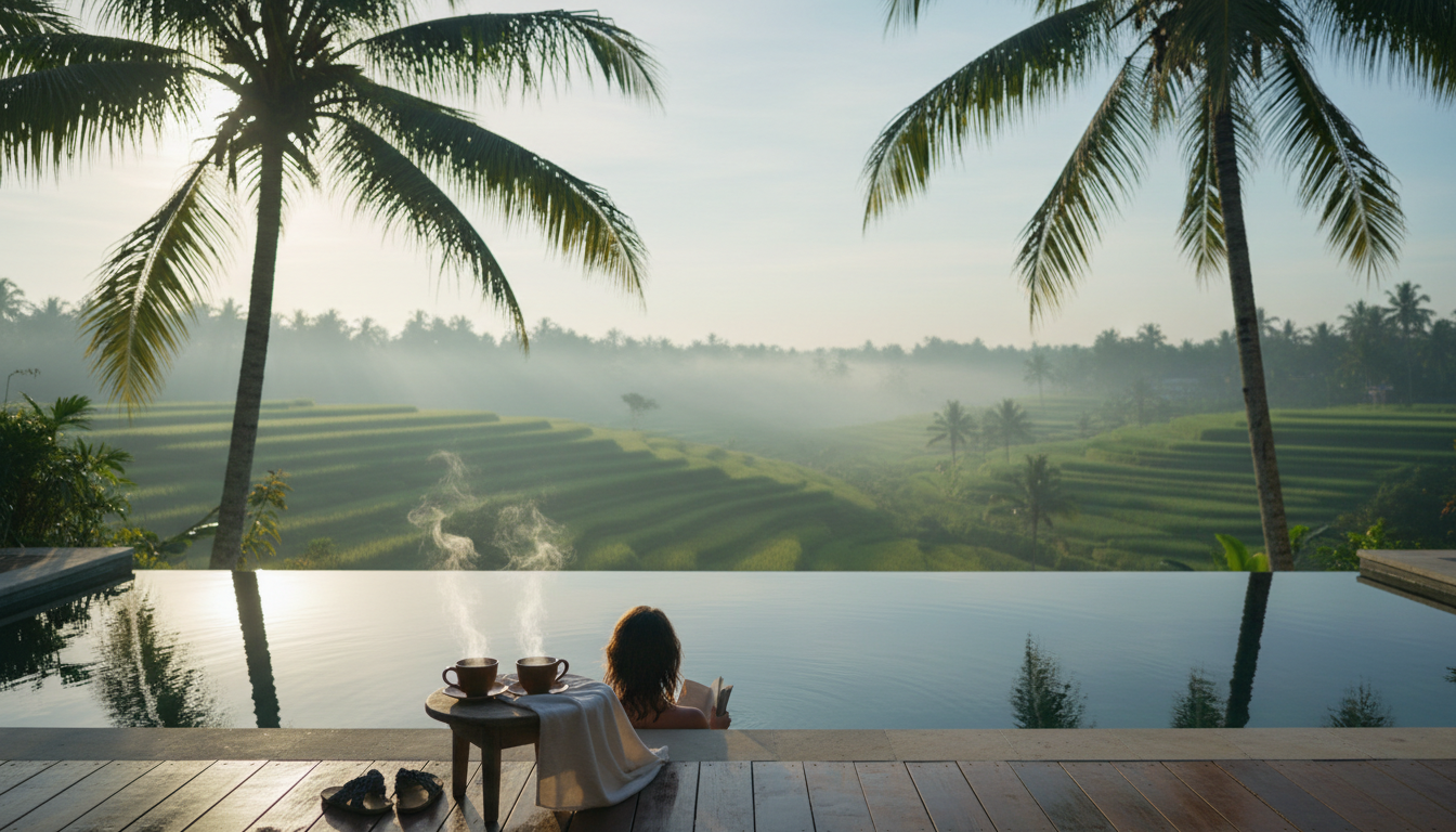 Morning view from a private villa pool overlooking Ubuds emerald rice terraces, steam rising from co