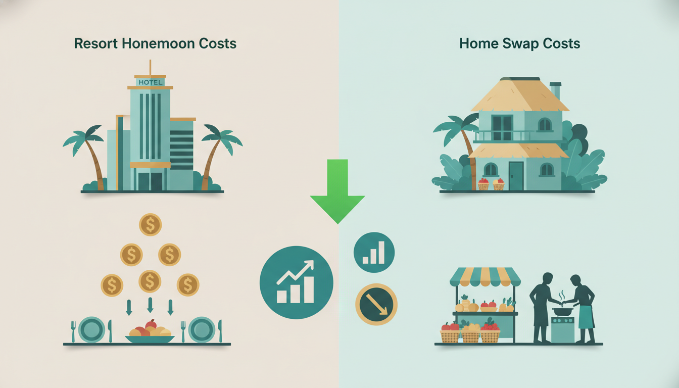 Split-scene infographic showing resort honeymoon costs on left hotel facade, dollar signs, buffet ve