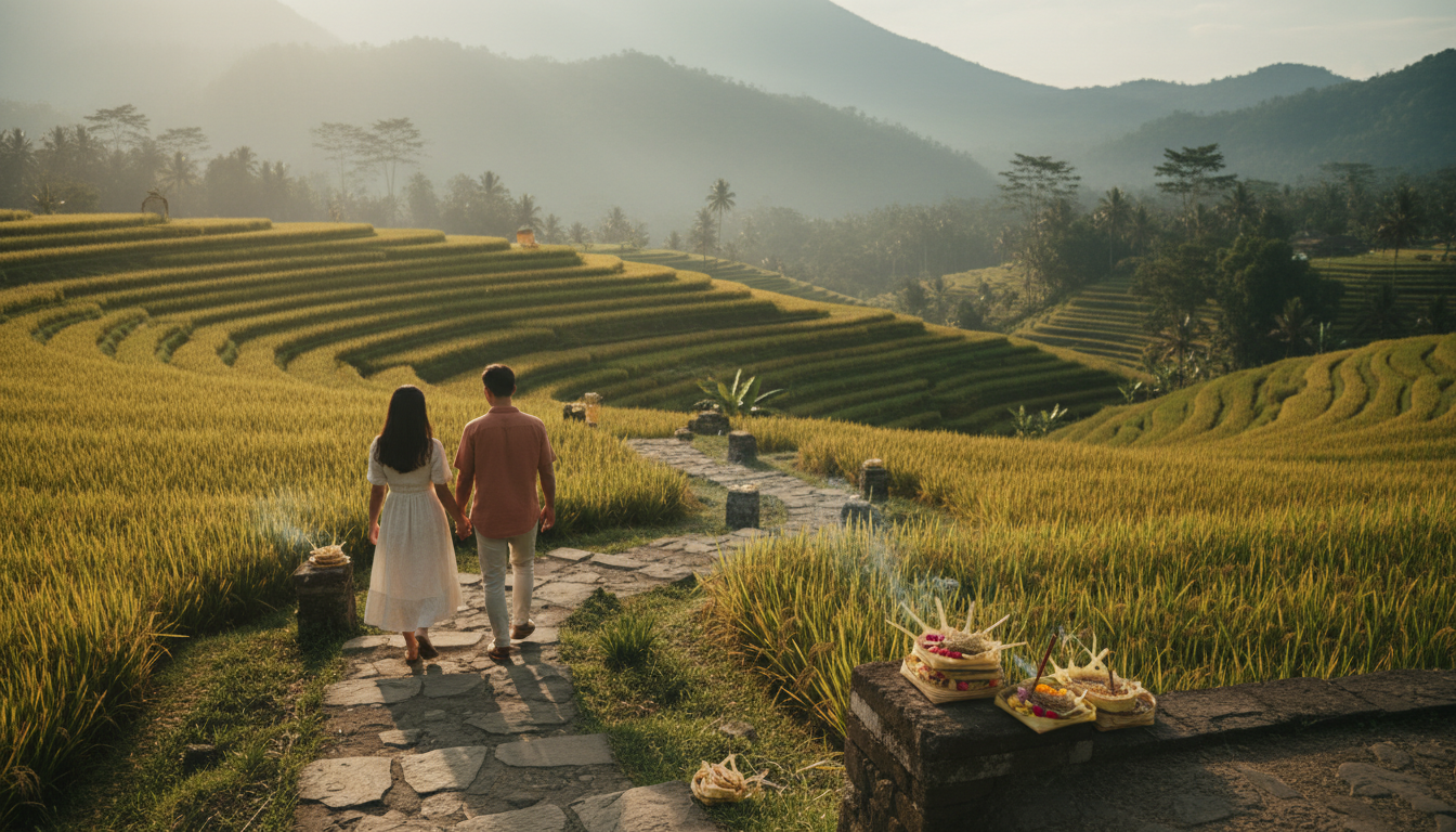 Couple walking hand-in-hand through golden-hour rice terraces in Tegallalang, traditional Balinese o