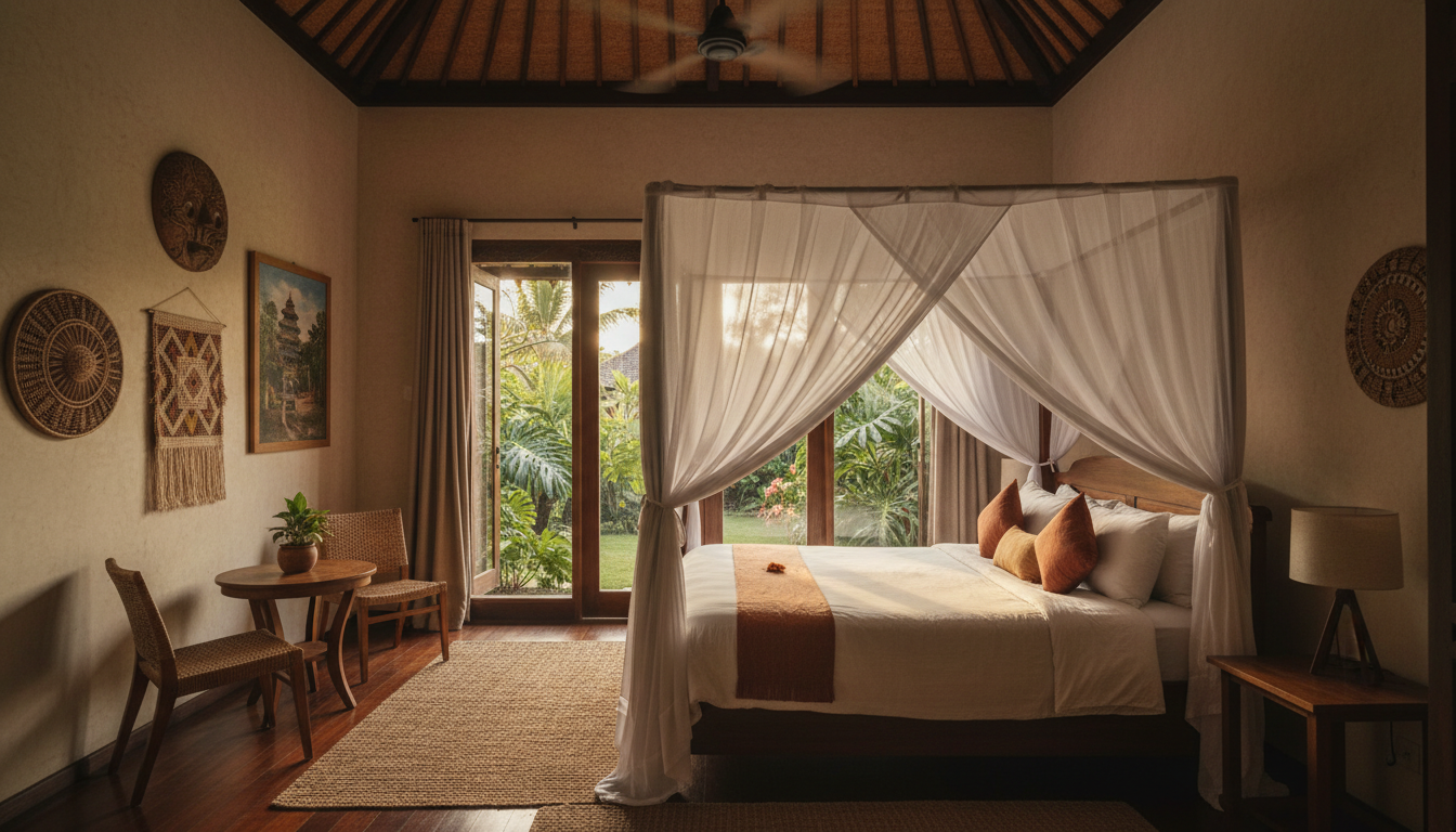 Cozy one-bedroom Balinese bungalow interior with canopy bed draped in white fabric, tropical garden