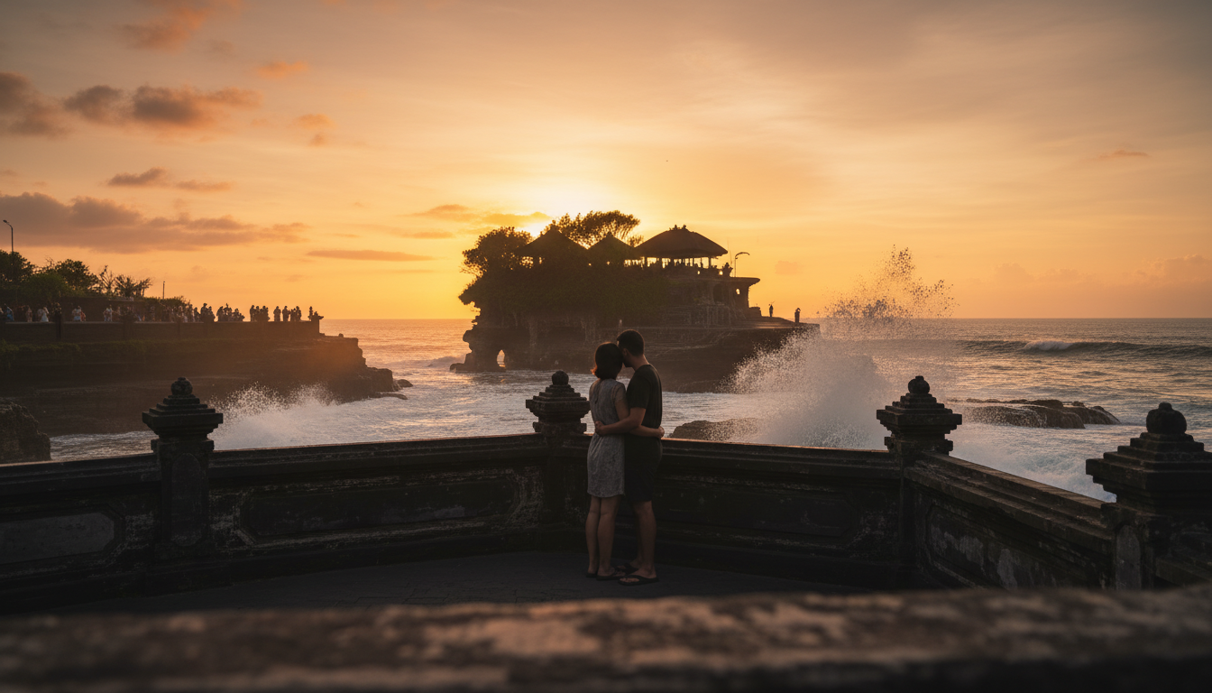 Couple silhouetted against orange sunset at Tanah Lot temple, waves crashing on rocks below, other t