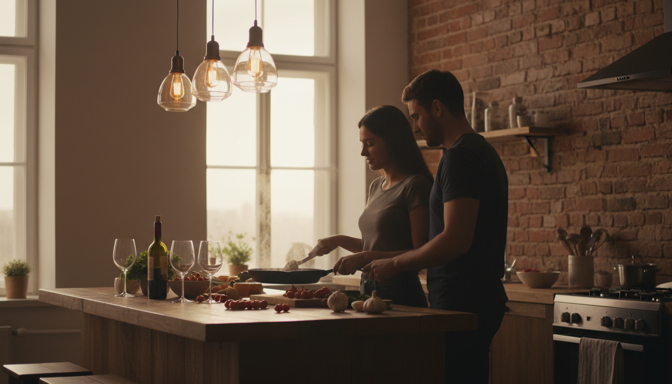 Cozy apartment kitchen with exposed brick, couple cooking together, steam rising from a cast iron pa