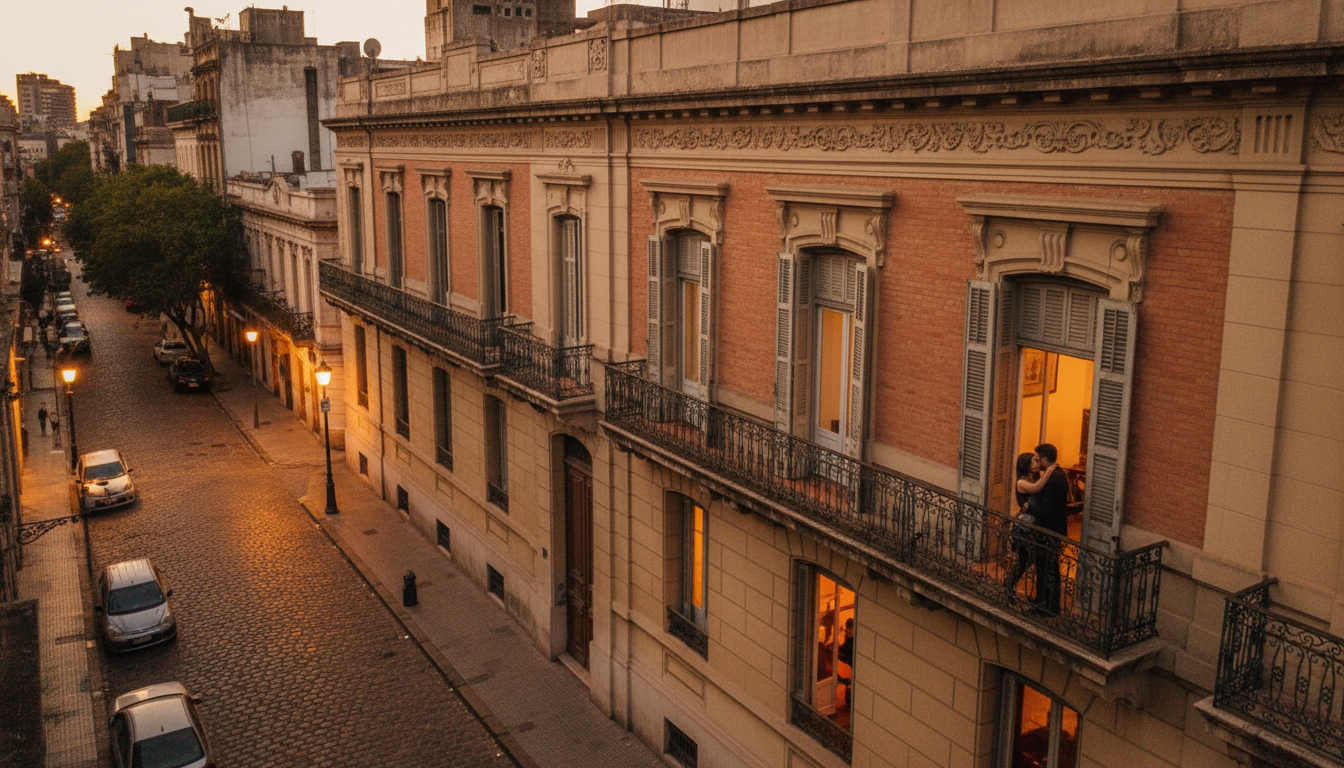 Aerial view of San Telmos cobblestone streets at dusk, warm light spilling from apartment windows, a