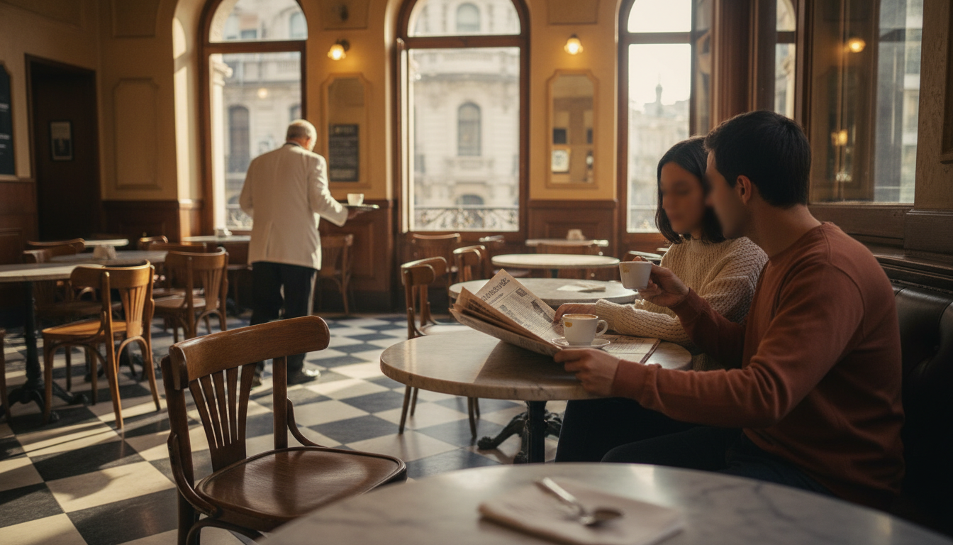 Interior of a classic Buenos Aires caf with checkered floor tiles, marble-topped tables, elderly wai