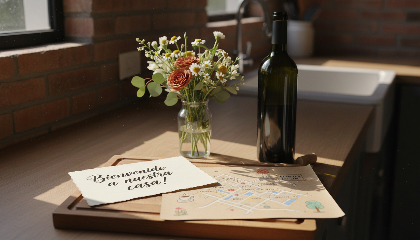 Handwritten welcome note on a kitchen counter with a small vase of fresh flowers, a bottle of Argent