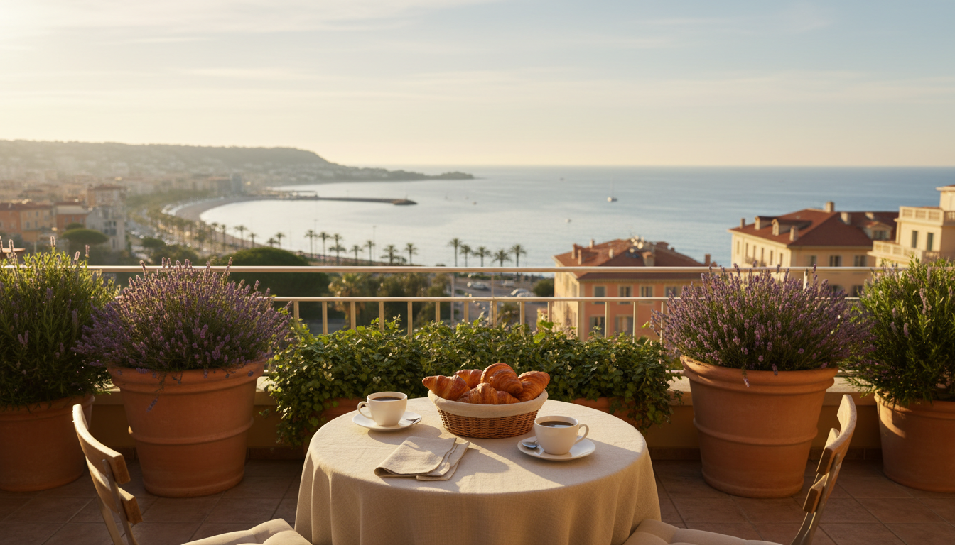 Sunrise view from a terrace in Nice overlooking the Mediterranean, with a small bistro table set for