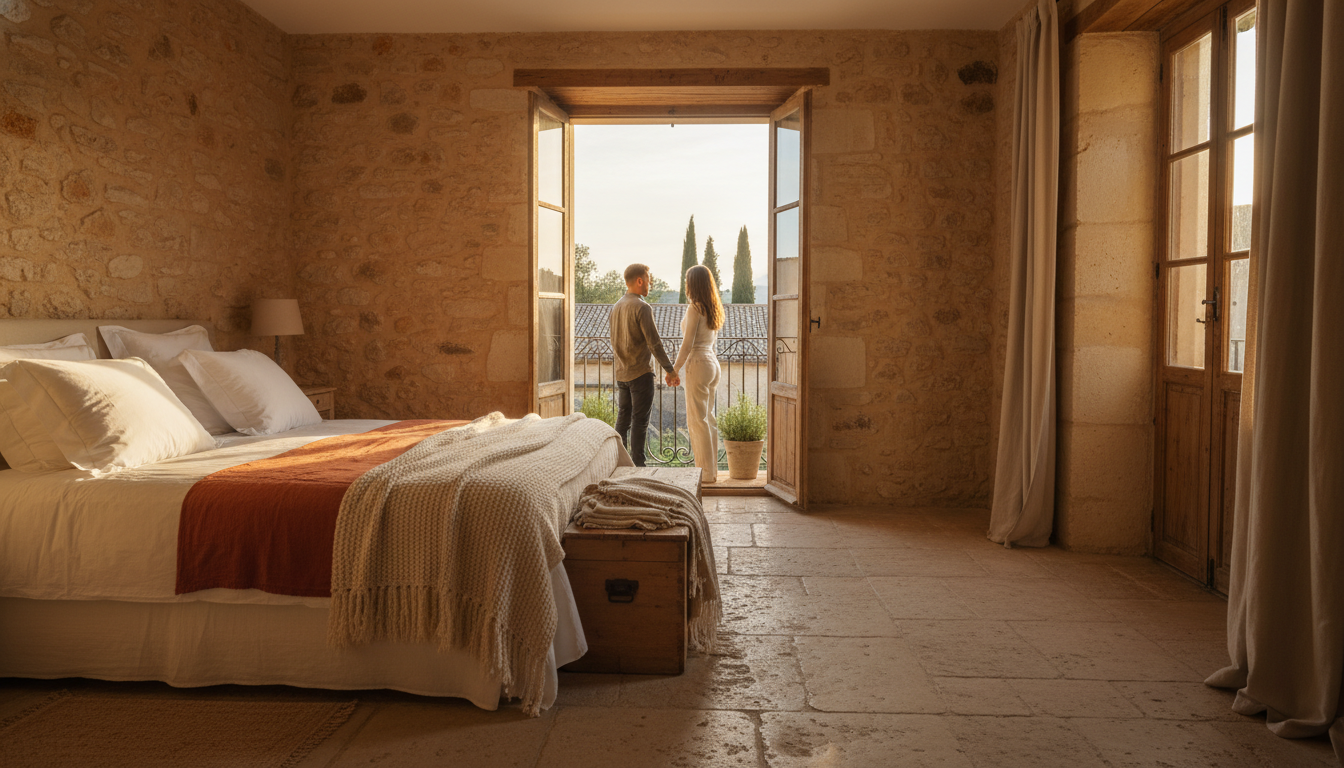 Interior of a charming Provenal-style apartment with exposed stone walls, a king bed with white line