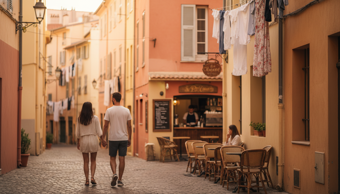 A couple walking hand-in-hand through the narrow streets of Vieux Nice at golden hour, with pastel-c