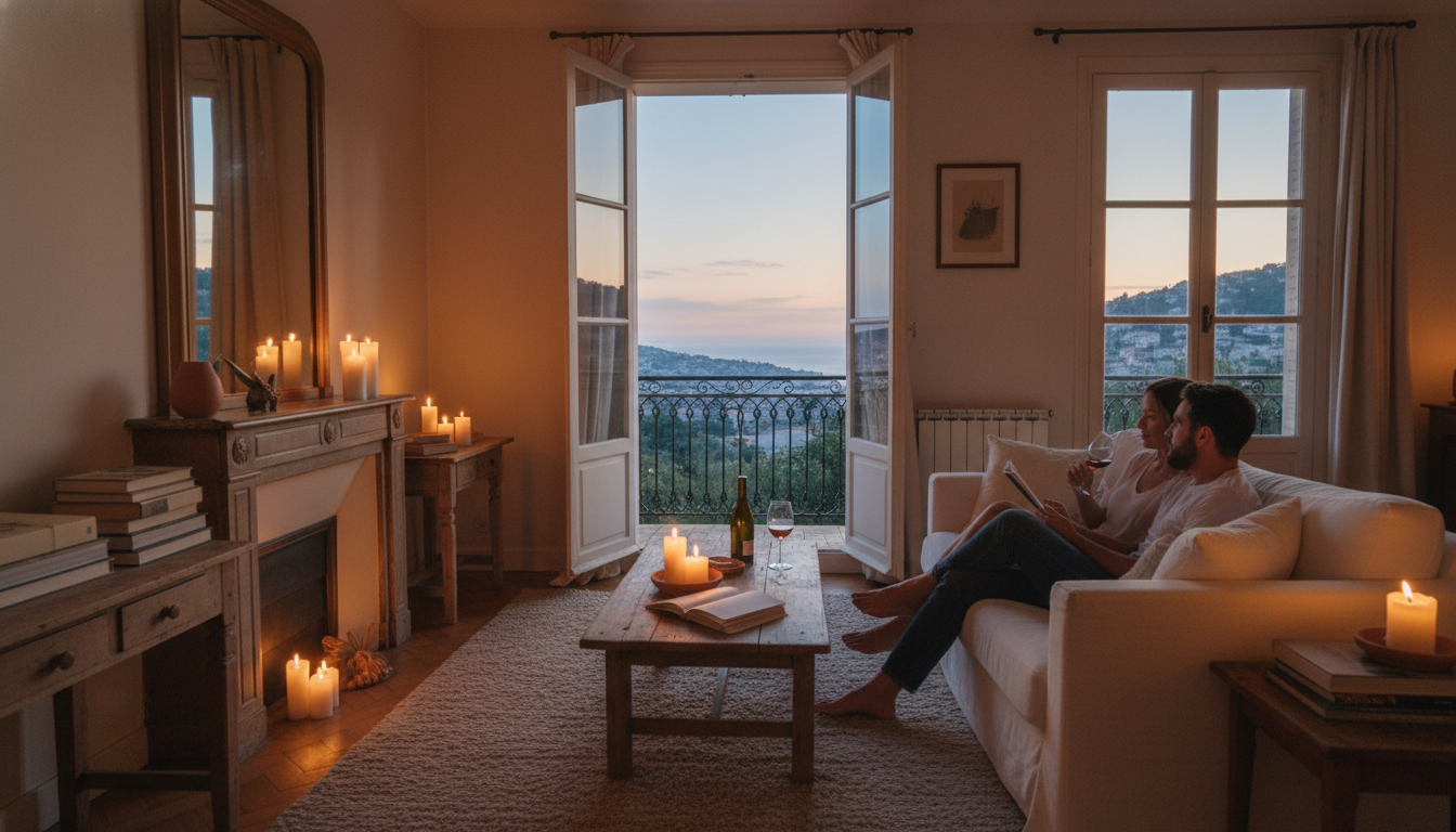 A cozy living room in a French apartment with a couple lounging on a linen sofa, wine glasses on the
