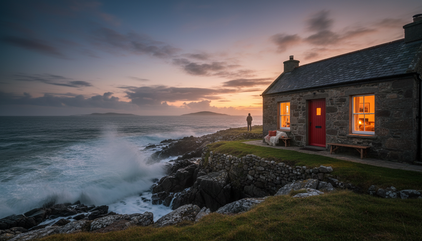 A weathered stone cottage with a red door overlooking Galway Bay at dusk, warm light glowing from wi