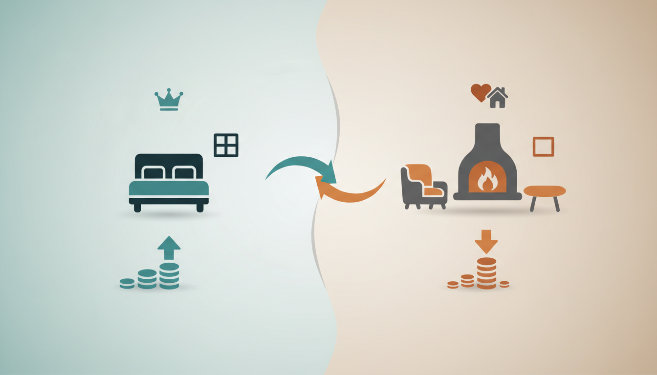 Split-screen comparison showing a generic hotel room on one side and a cozy Irish cottage living roo