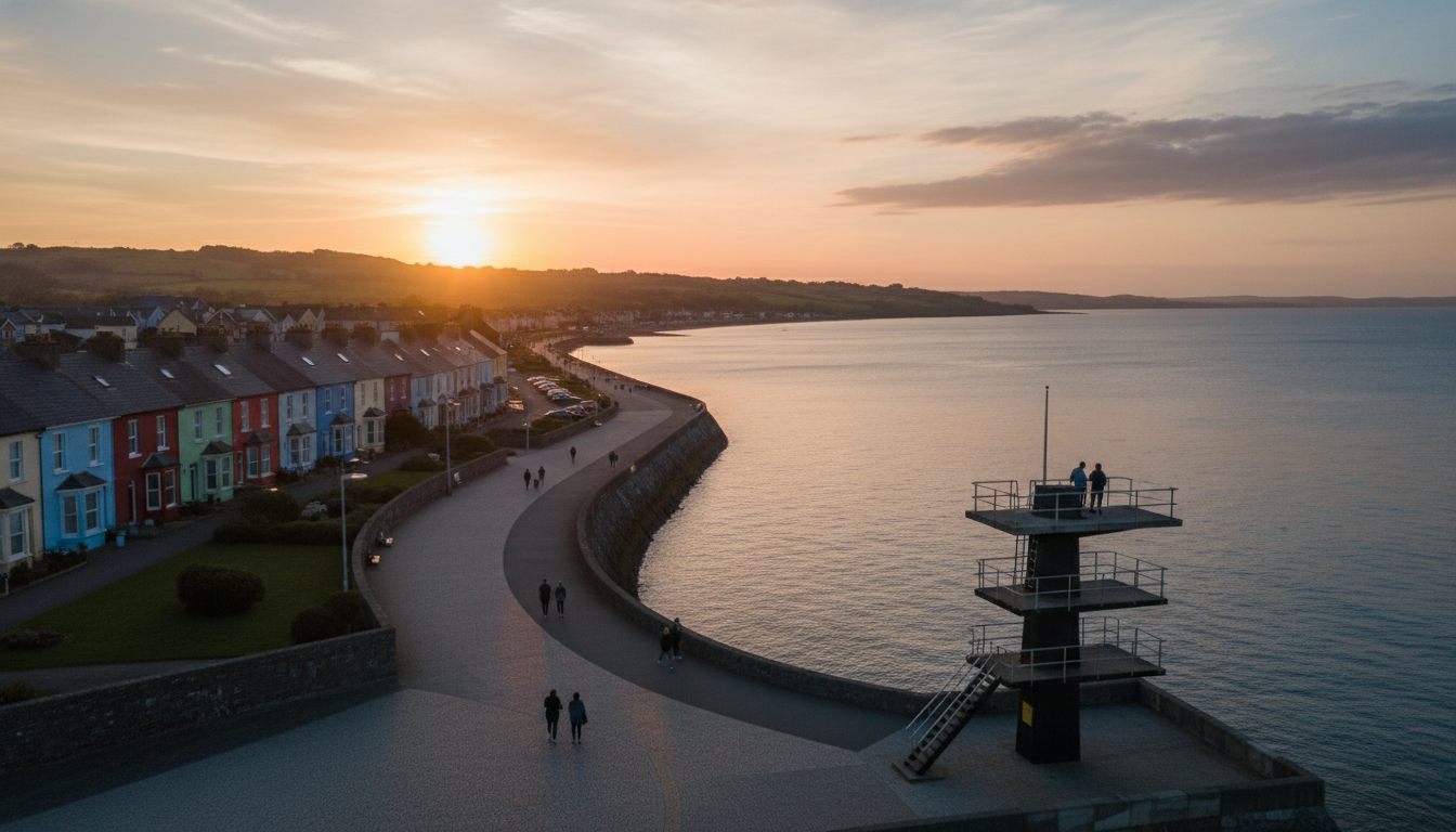 Aerial view of Salthill promenade at sunset with Galway Bay shimmering, showing the walkway, diving