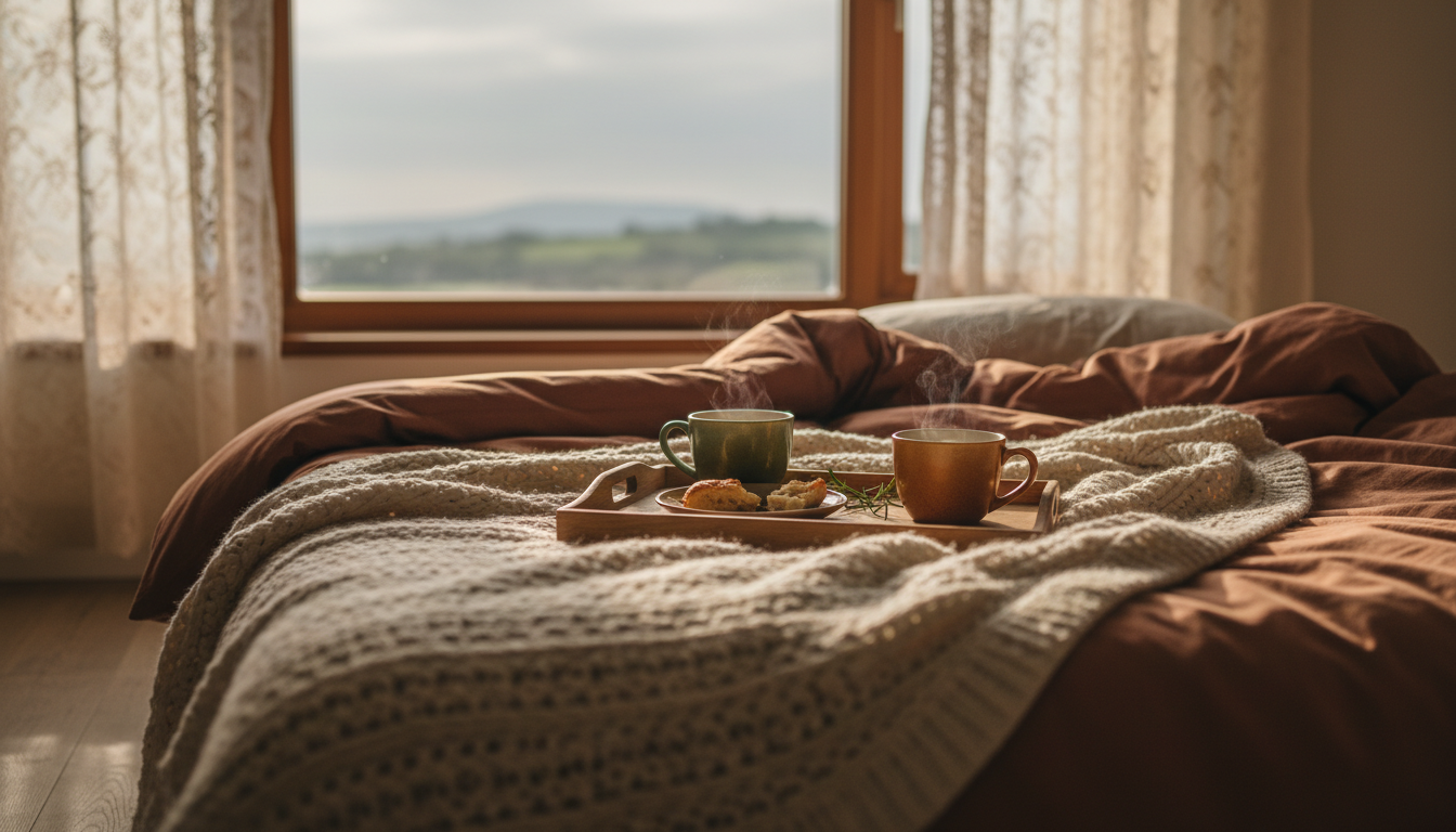 Morning light streaming through lace curtains onto a rumpled bed with two coffee cups on a wooden tr