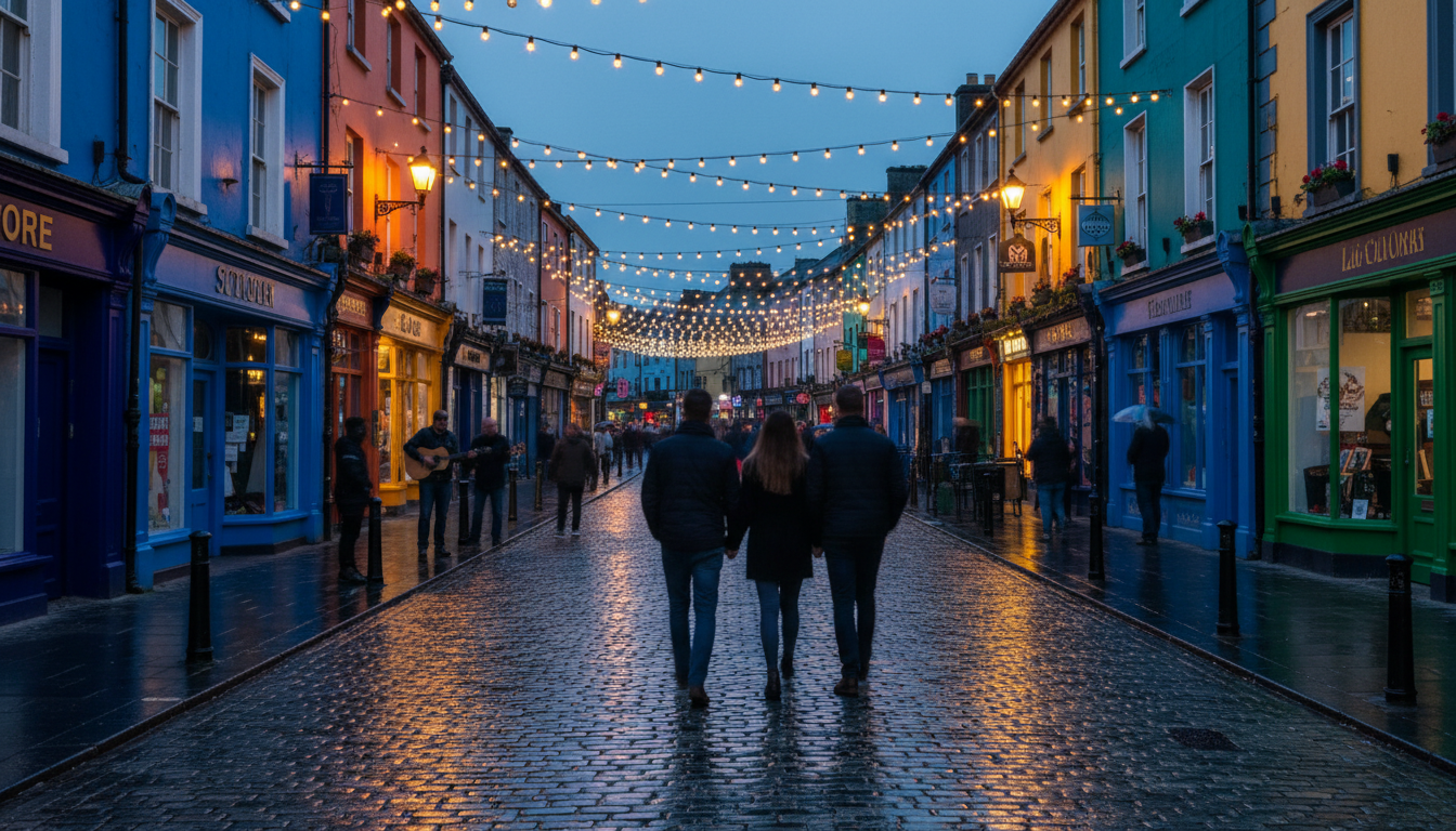 Galways Shop Street on a September evening, fairy lights strung between colorful storefronts, busker