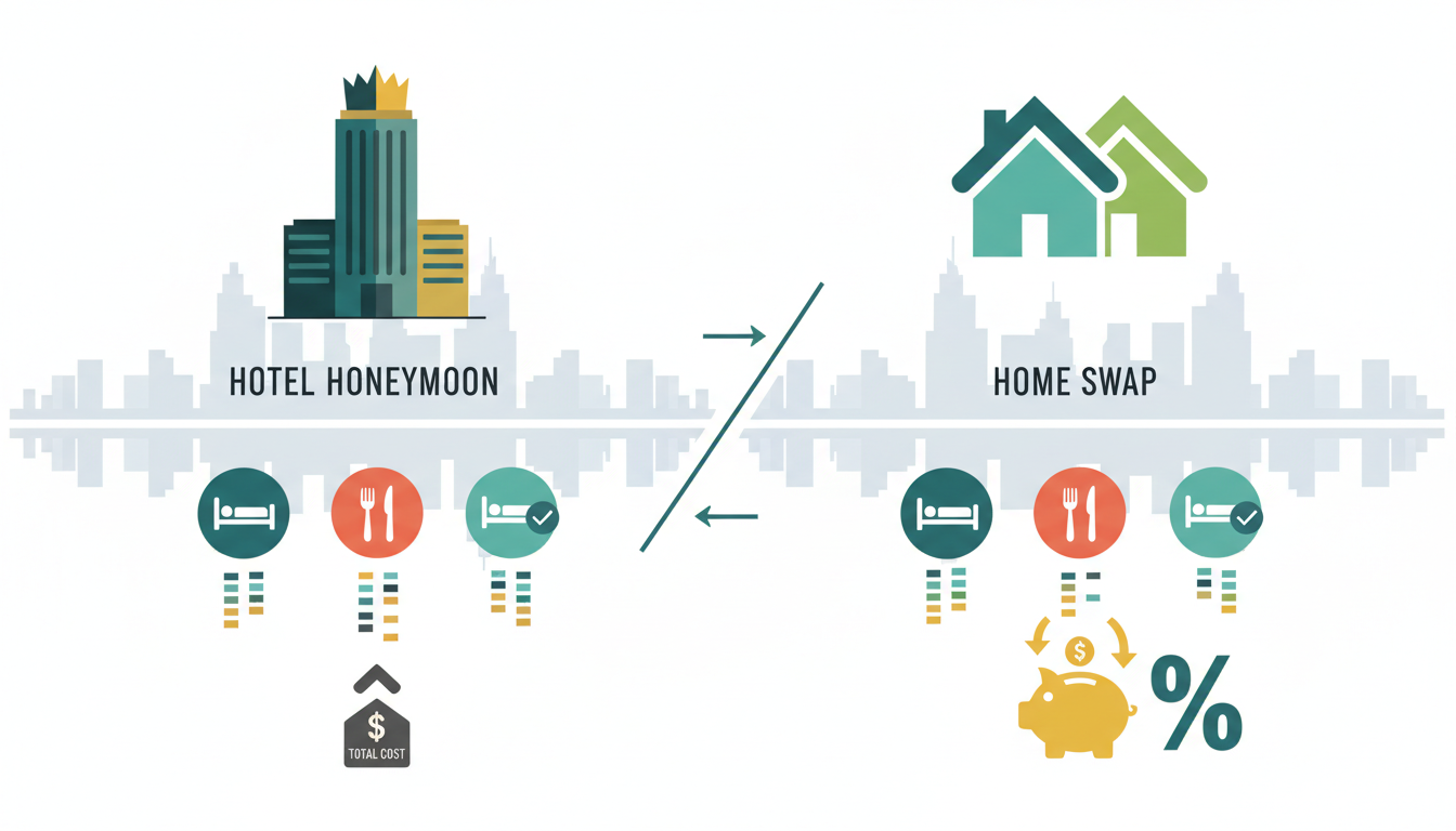 Split-screen infographic comparing hotel honeymoon costs vs home swap costs in New York, showing ite