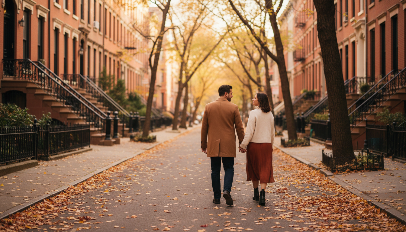 Couple walking hand-in-hand down a tree-lined West Village street at golden hour, brownstones with s